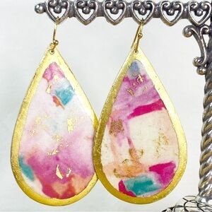 EVOCATEUR 22k Gold Leaf & Enamel Bermuda Large Teardrop Earrings, Stunning